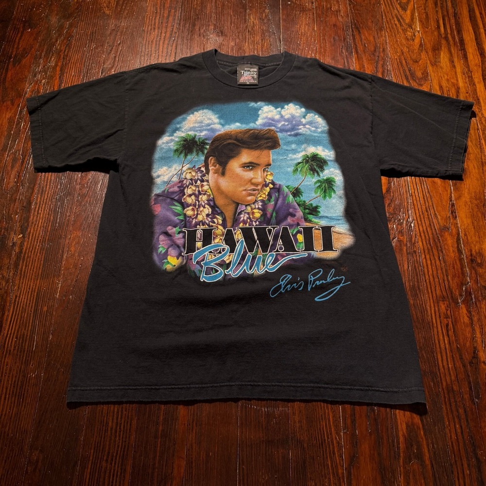 VTG Elvis Presley Shirt Mens XL Black‎ Blue Hawaii MADE IN USA Trinity Products